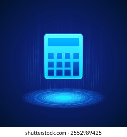 Glowing blue calculator icon floats above a digital platform on a blue background with vertical light lines. The calculator has a display screen and buttons, symbolizing technology and digital tools.