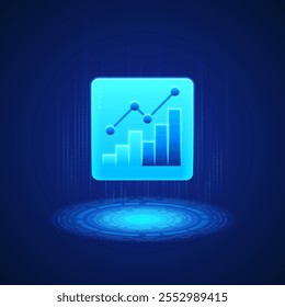 Icono de gráfico azul brillante con un gráfico de barras y superposición de gráfico de líneas sobre un fondo digital azul oscuro con un patrón circular. Representa análisis de datos, crecimiento y estadísticas en un contexto de alta tecnología