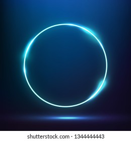 Glowing blue circle light effect. Vibrant round neon frame. Blue circular effect banner. Vector eps10