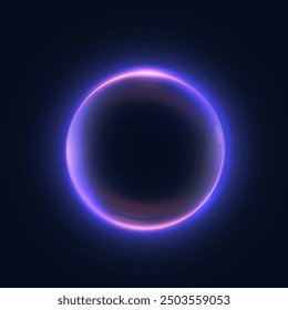 Glowing blue circle on dark background. Glowing ring with bright backlight. Round blue frame with bright shine. Luxury element for advertising. Vector