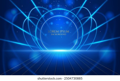 glowing blue circle pattern lines and golden curve lines digital abstract blue elegant luxury background,award banner,card and cover design element vector illustration.