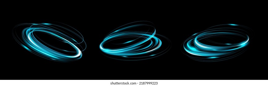 Círculos azules brillantes realistas aislados en fondo negro. Ilustración vectorial de los anillos de neón brillantes con efecto de movimiento. Recorrido redondo de la energía de trueno girando a alta velocidad. Luz mágica