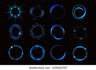 Glowing blue circles with sparkles, round frames, shiny borders with glitter or fairy dust, glow rings, fantasy design elements isolated on black background, Realistic 3d vector illustration, set