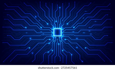 Leuchtende blaue Leiterplatte mit zentralem Prozessorchip. Digitale Hardware und Motherboard-Hintergrund. Vektor eps10.