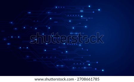 Glowing blue circuit lines flow from the left with digital numbers and arrows Small squares and dots decorate the tech path on a dark background.
