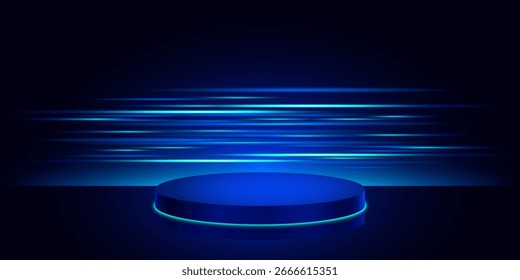 El podio circular azul brillante en un escenario contra un fondo oscuro, con tiras de luz azul dinámica que transmiten movimiento, enfatiza la estética futurista y moderna.
