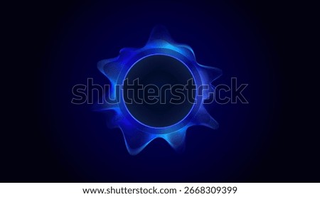 Glowing blue circular sound wave vector illustration on a dark background. Futuristic digital design with abstract audio wave, light ring, and energy pulse effect.