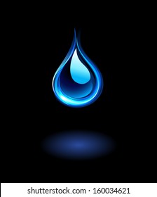 Glowing, blue, clean water drop on black background.