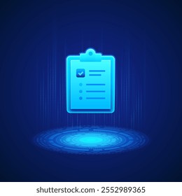 Glowing blue clipboard icon with a checkmark and list items floating above a digital circular platform. Represents task management and organization in a high-tech context