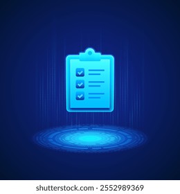 Glowing blue clipboard with three checkmarks and lines representing text hovers above a digital platform. This illustration symbolizes organization, task management, and productivity.