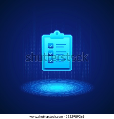 Glowing blue clipboard with three checkmarks and lines representing text hovers above a digital platform. This illustration symbolizes organization, task management, and productivity.