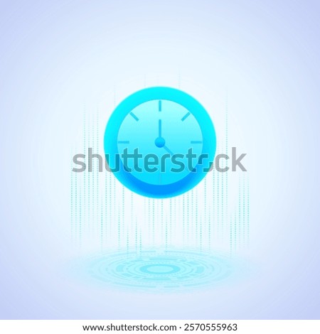 Glowing blue clock icon with simple hour and minute hands floats above a digital platform. The platform features circular and vertical digital patterns, emphasizing a futuristic and tech-driven theme