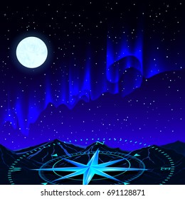 A glowing blue compass against the background of the starry sky, the northern lights and mountains