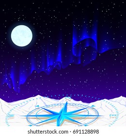 A glowing blue compass against the background of the starry sky, the northern lights and mountains