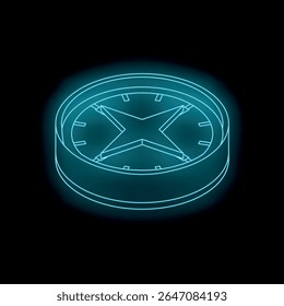 Glowing blue compass pointing north on a black background, symbolizing guidance, navigation, exploration, and adventure
