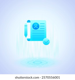 A glowing blue contract icon with a pen and a checkmark. The contract has a user profile symbol and lines representing text. Symbolizing approval and agreement