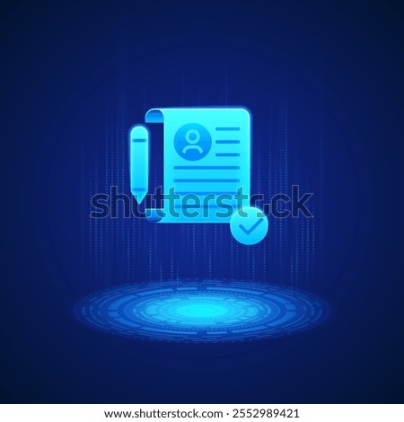 A glowing blue contract icon with a pen and a checkmark. The contract has a user profile symbol and lines representing text. Symbolizing approval and agreement.