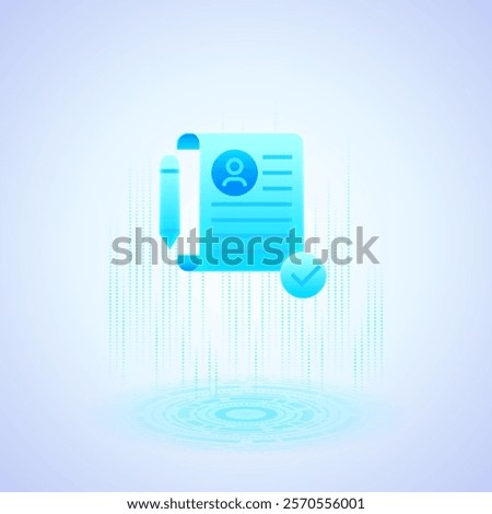 A glowing blue contract icon with a pen and a checkmark. The contract has a user profile symbol and lines representing text. Symbolizing approval and agreement