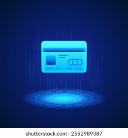 A glowing blue credit card icon featuring a magnetic stripe, a chip, and abstract details representing card information. The card appears to be floating, emphasizing a high-tech and digital theme.