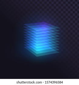 Glowing blue cube of transparent layers, futuristic block
