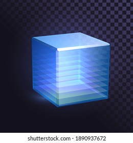 Glowing blue cube with transparent layers, futuristic block	