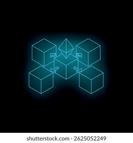Cubos azules brillantes que se conectan con flechas y símbolo de diamante de criptomoneda que representan la innovación tecnológica de blockchain