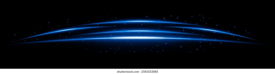 Glowing blue curved light streaks with scattered particles on a dark background. Futuristic arc-shaped energy flow, laser effect, neon illumination, and digital motion concept.