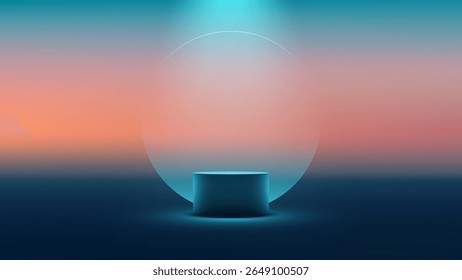 glowing blue cylindrical pedestal sits center stage in a futuristic mockup with peach to blue gradient, designed for digital showrooms, product showcases, or technology exhibitions