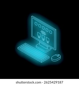 Glowing blue desktop computer with keyboard and mouse showing flowchart on screen