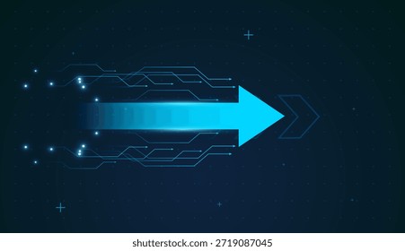 Uma seta digital azul brilhante sobe com trilhas semelhantes a circuitos, simbolizando o crescimento financeiro impulsionado pela tecnologia. Padrões de circuito de néon enquadram as setas em negrito tendência para cima