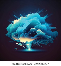 Glowing blue digital cloud, exploding illustration