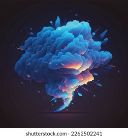 Glowing blue digital cloud, exploding illustration