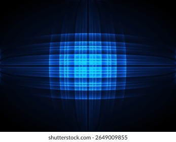A glowing blue digital grid sphere expanding horizontally, set on a dark background. The abstract formation illustrates futuristic technology, energy fields, and data visualization.
