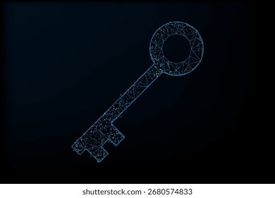 Una clave digital azul brillante renderizada en un estilo de estructura de alambre de baja poli, que simboliza la ciberseguridad y el acceso seguro