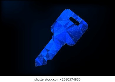 Ein leuchtend blauer digitaler Schlüssel im Low-Poly-Drahtmodell-Stil, der Cybersicherheit und sicheren Zugriff symbolisiert