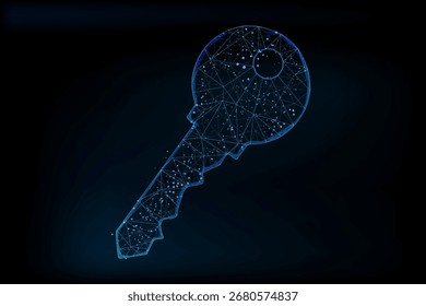 Una clave digital azul brillante renderizada en un estilo de estructura de alambre de baja poli, que simboliza la ciberseguridad y el acceso seguro