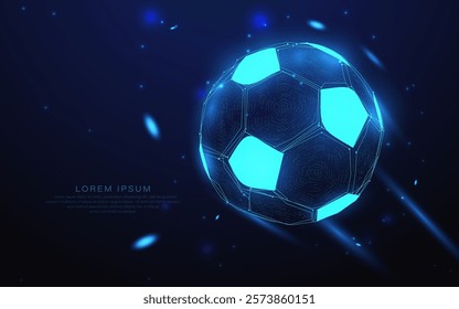 A glowing blue digital soccer ball in a futuristic low-poly style, symbolizing innovation in sports technology