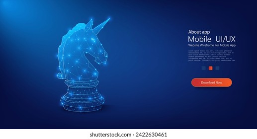 Glowing Blue Digital Wireframe Unicorn Chess Piece on Dark Background. A striking 3D digital representation of a unicorn chess piece, crafted in a luminescent wireframe style, set against a deep blue.