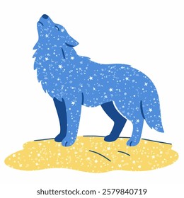 A glowing blue dog warewolf wolf howling on a moonlit hill, shimmering with stardust.