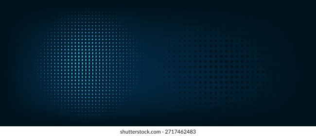 Textura de puntos azules brillantes. Fondo de pantalla de rejilla de puntos curvado Abstractas. Fondo de patrón de semitono de círculo. Fondo marino oscuro para tecnología, negocios, ciencia, salud, diseño de medicina. Vector