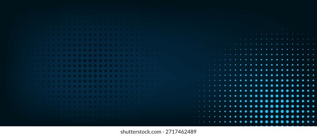 Textura pontilhada azul brilhante. Papel de parede curvo abstrato da grade de pontos. Plano de fundo do padrão de meio-tom do círculo. Fundo marinho escuro para tecnologia, negócios, ciência, saúde, design de medicina. Vetor