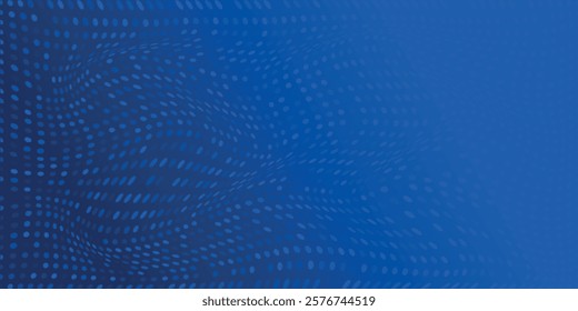 Glowing blue dotted wallpaper. Abstract curved round dot grid texture. Circle halftone pattern background. Dark navy backdrop for technology, business, news, healthcare, medicine design