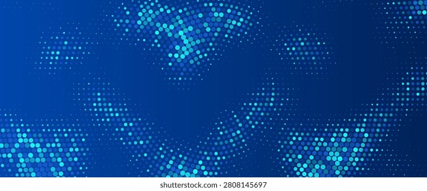 Glowing blue dotted wallpaper. Abstract curved round dot grid texture. Circle halftone pattern background. Ai backdrop concept for technology, business, news, healthcare, medicine design. Vector