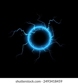 Círculo eléctrico azul brillante con efecto de rayo sobre un fondo negro. Ilustración vectorial dinámica de anillo de energía con chispas eléctricas y rayos, perfecto para diseños de ciencia ficción o tecnología.