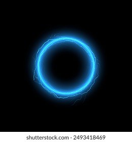 Glowing blue electric ring with lightning sparks on a black background. Vector illustration of a circular thunder effect, creating a powerful energy aura. Perfect for sci-fi or tech designs.