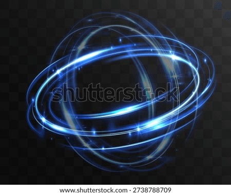 Glowing blue energy sphere with orbiting light trails isolated on transparent background, futuristic abstract globe with dynamic swirl effect.