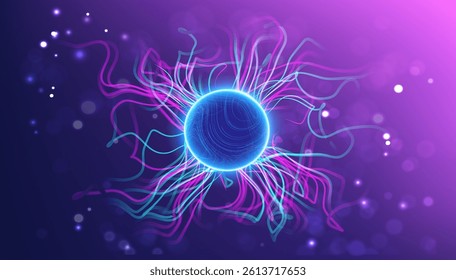 Glowing blue energy sphere with vibrant electric light trails, abstract neural connections, and dynamic electromagnetic waves on a purple gradient background with futuristic aesthetics.
