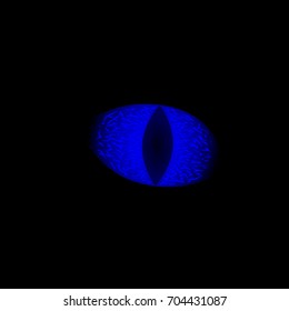 Glowing blue eye of animal on black background. Frozen blue eye with vertical pupil. Bright blue eye on black background. Dead dragon eye from Game of Thrones. Spooky creepy magic creature in darkness