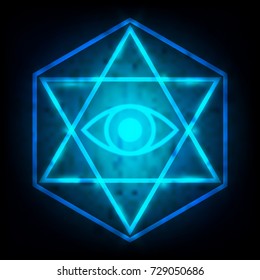 Glowing Blue Eye Of God In The Center Of The Hexagram Hexagonal Is A Maxim In Sacred Geometry Or Hermeticism Background. Vector Illustration.