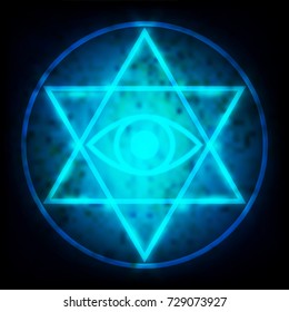 Glowing Blue Eye Of God In The Center Of The Hexagram Under Circular Is A Maxim In Sacred Geometry Or Hermeticism Background. Vector Illustration.